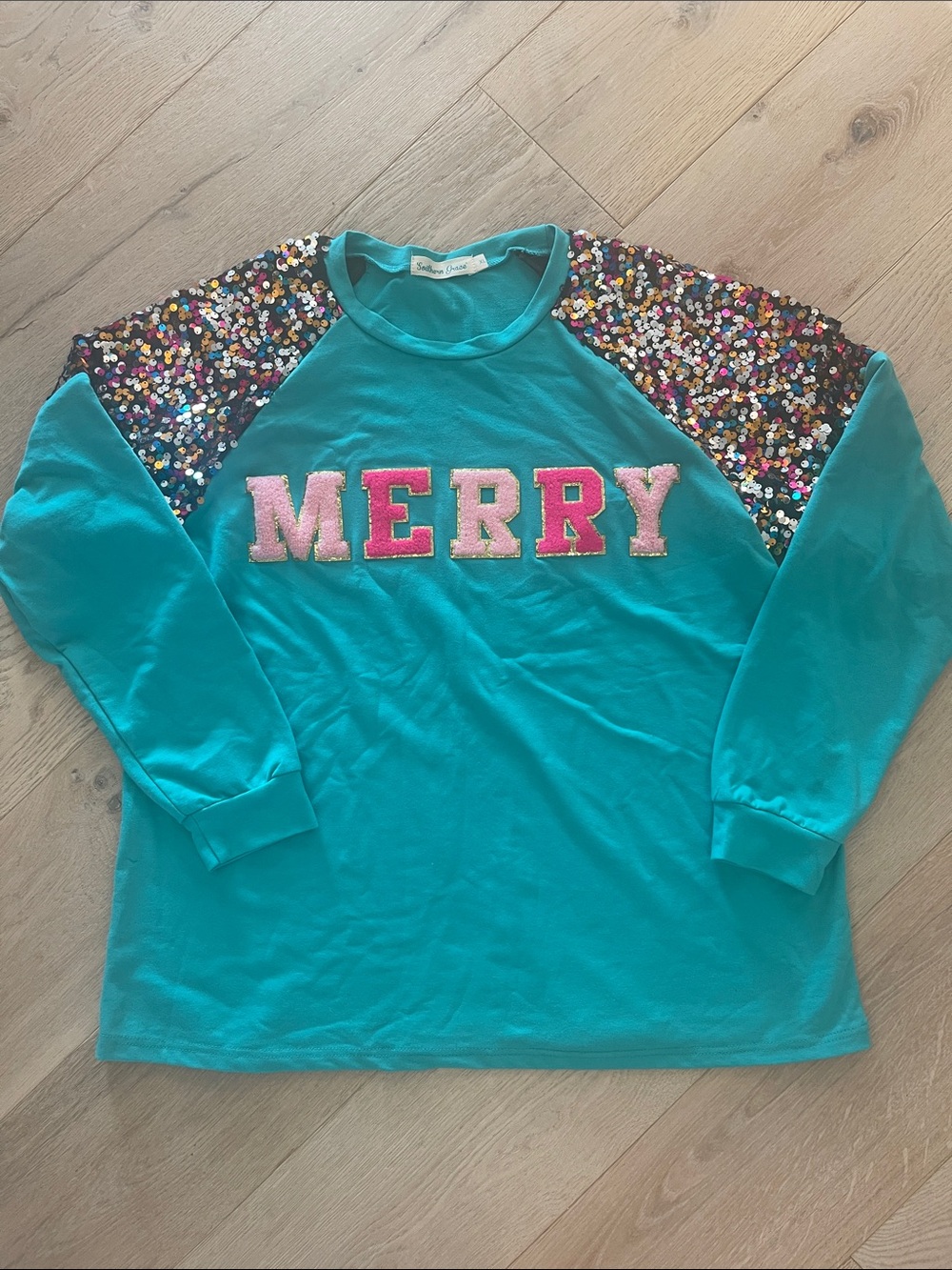Southern Grace MERRY Teal Long-Sleeve Shirt with Multicolor Sequin Shoulders XL